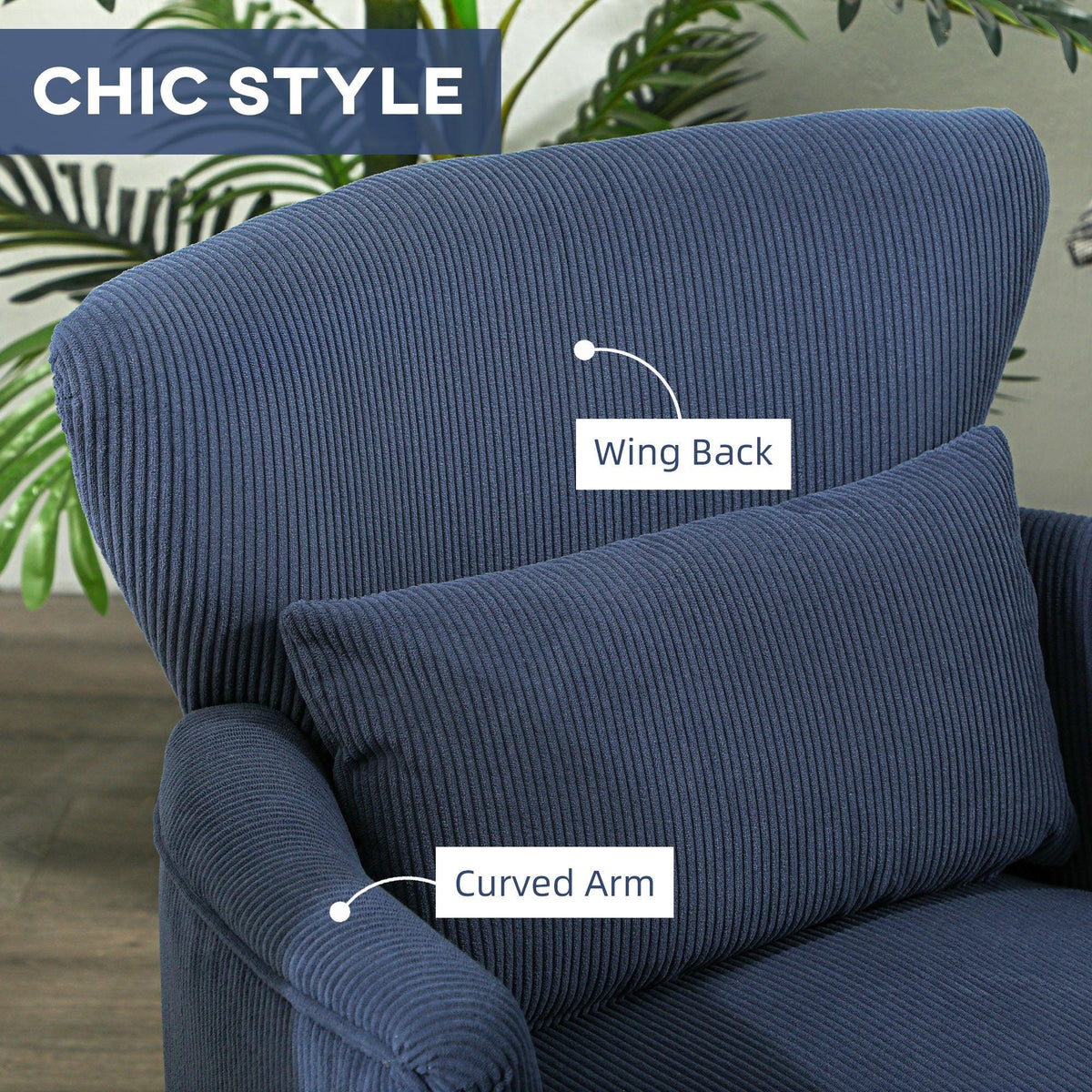 Blue corduroy accent chair showing wing back and curved arm design