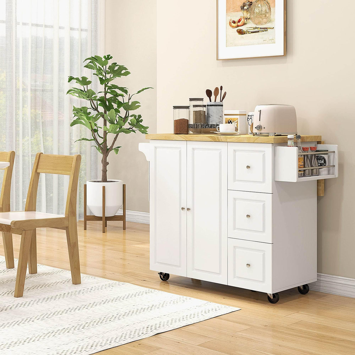 White kitchen island cart with drop-leaf counter, cabinet storage doors, and pull-out drawers