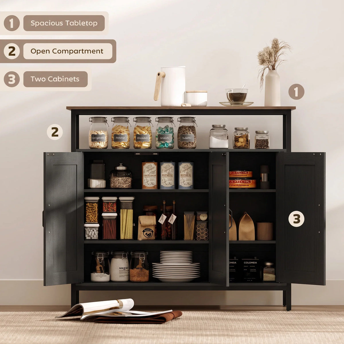 Open industrial sideboard with two cabinets, open compartment, and adjustable shelves