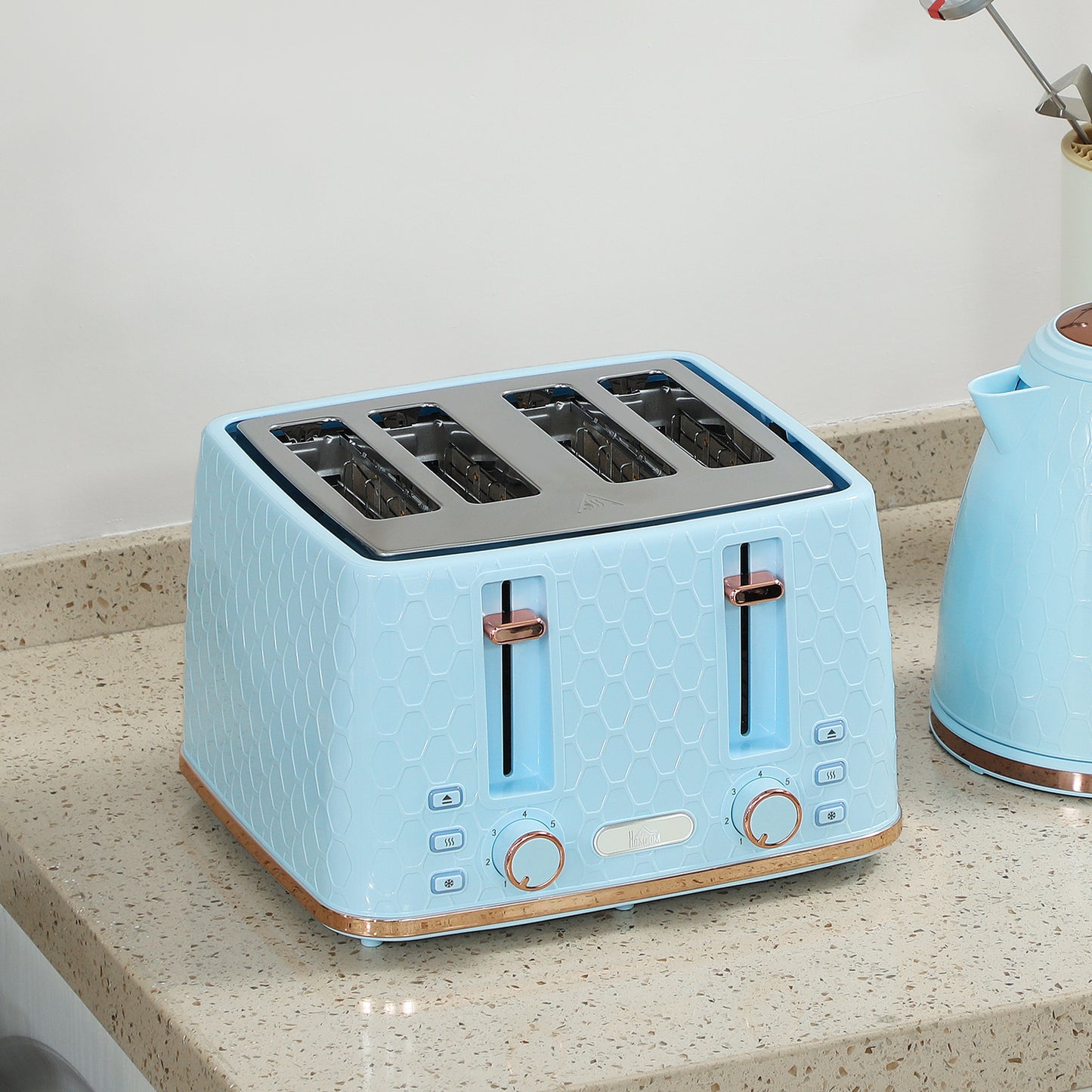 HOMCOM Kettle and Toaster Set 1.7L 3000W 4 Slice Toaster with 7 Browning Levels Light Blue Honeycomb Pattern