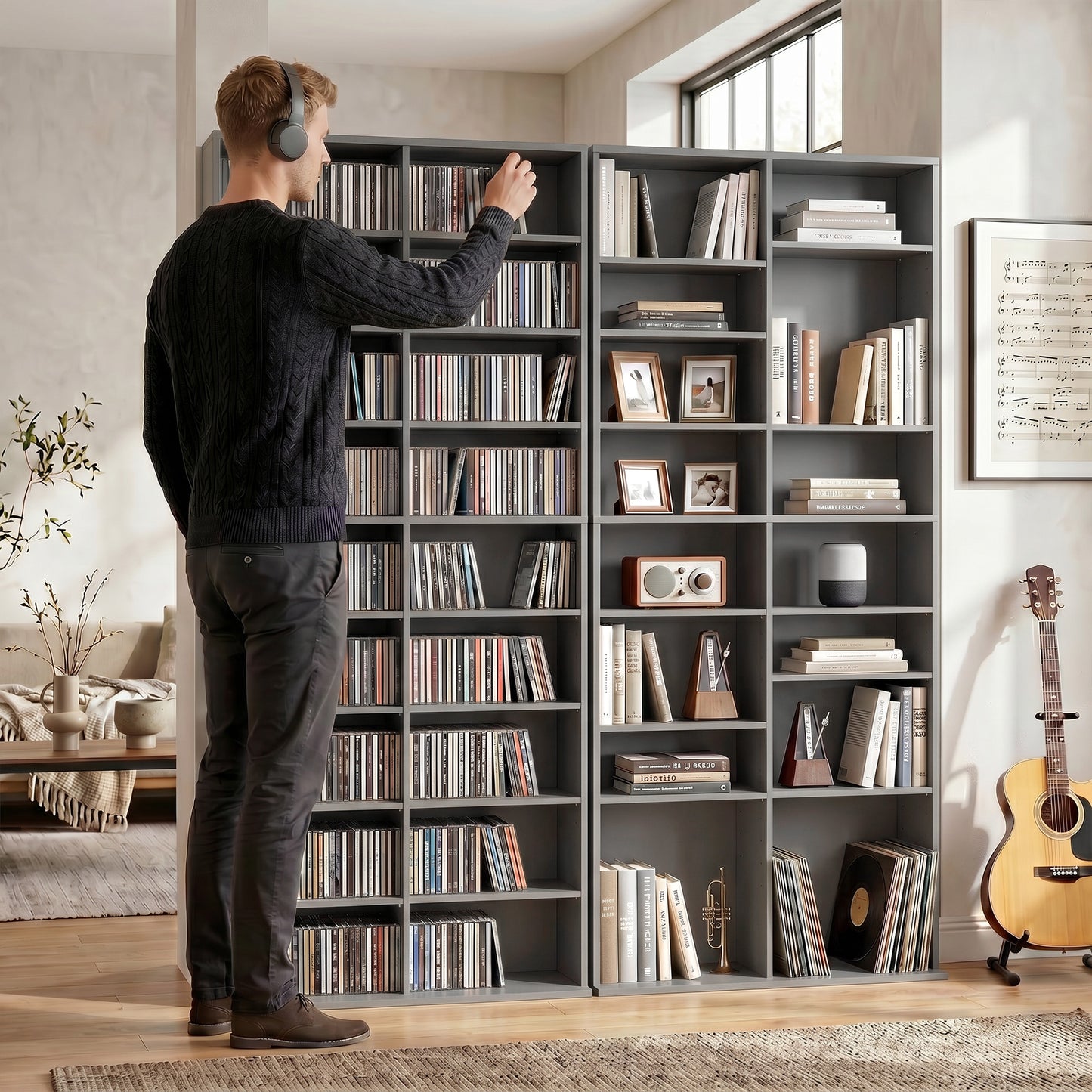HOMCOM 640 CD Storage Tower Grey With 14 Adjustable Shelves Holds 640 CDs And 360 DVDs Anti Tipping Design