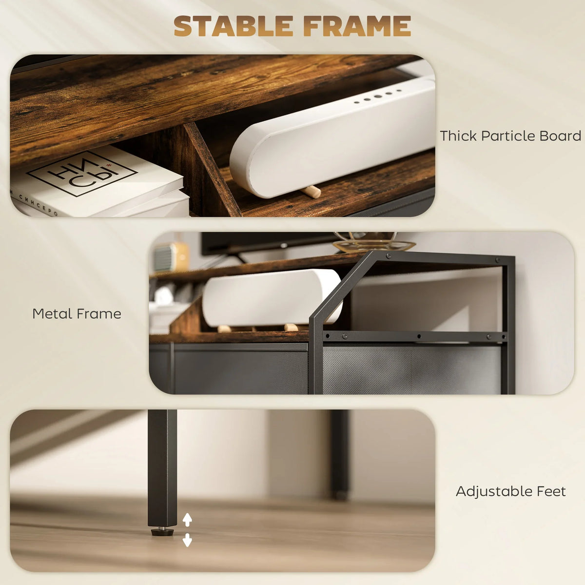 TV stand close-up: metal frame, thick particle board top, adjustable feet