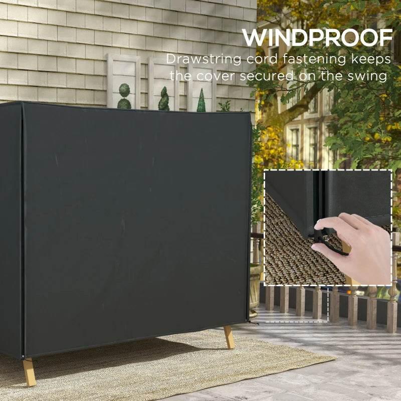 Black weatherproof cover with drawstring cord fastening, corner secured