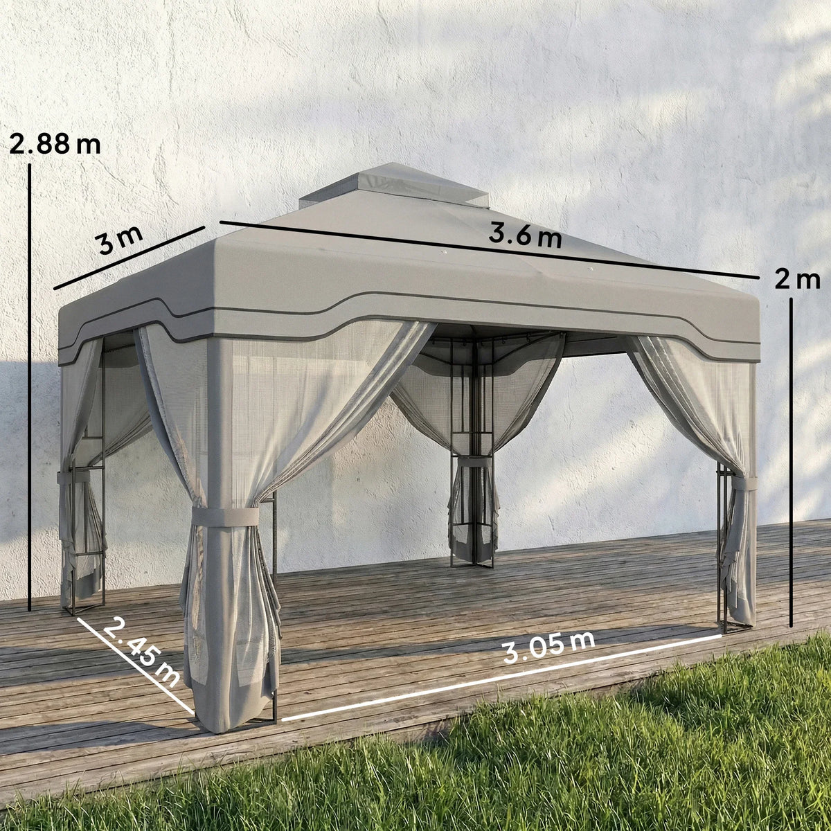 Dark grey 3x3.6 m outdoor gazebo with mesh panels, arched roof, and open sides