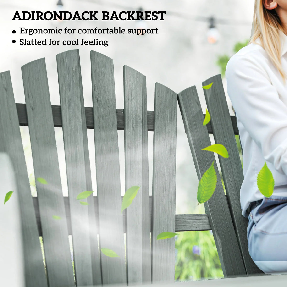 Grey Adirondack-style slatted backrest for outdoor two-seat bench