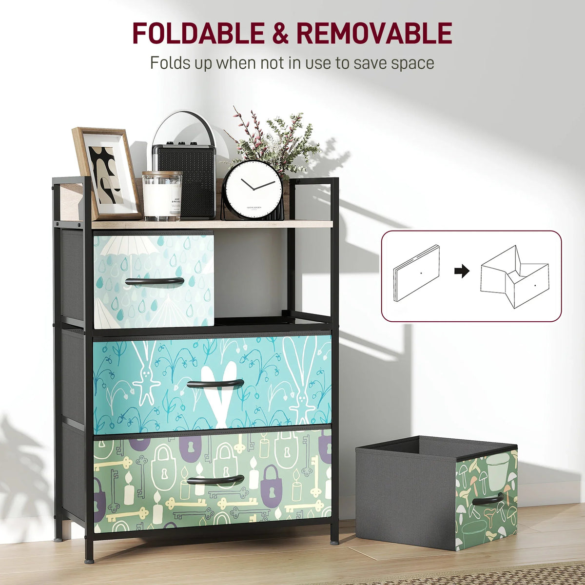 Blue patterned 4-drawer chest with black frame and removable fabric drawers