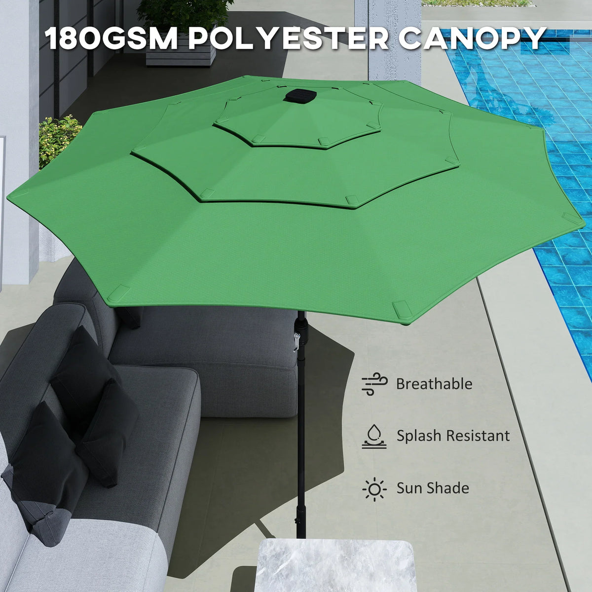 Green polyester 3-tier garden parasol canopy over outdoor seating