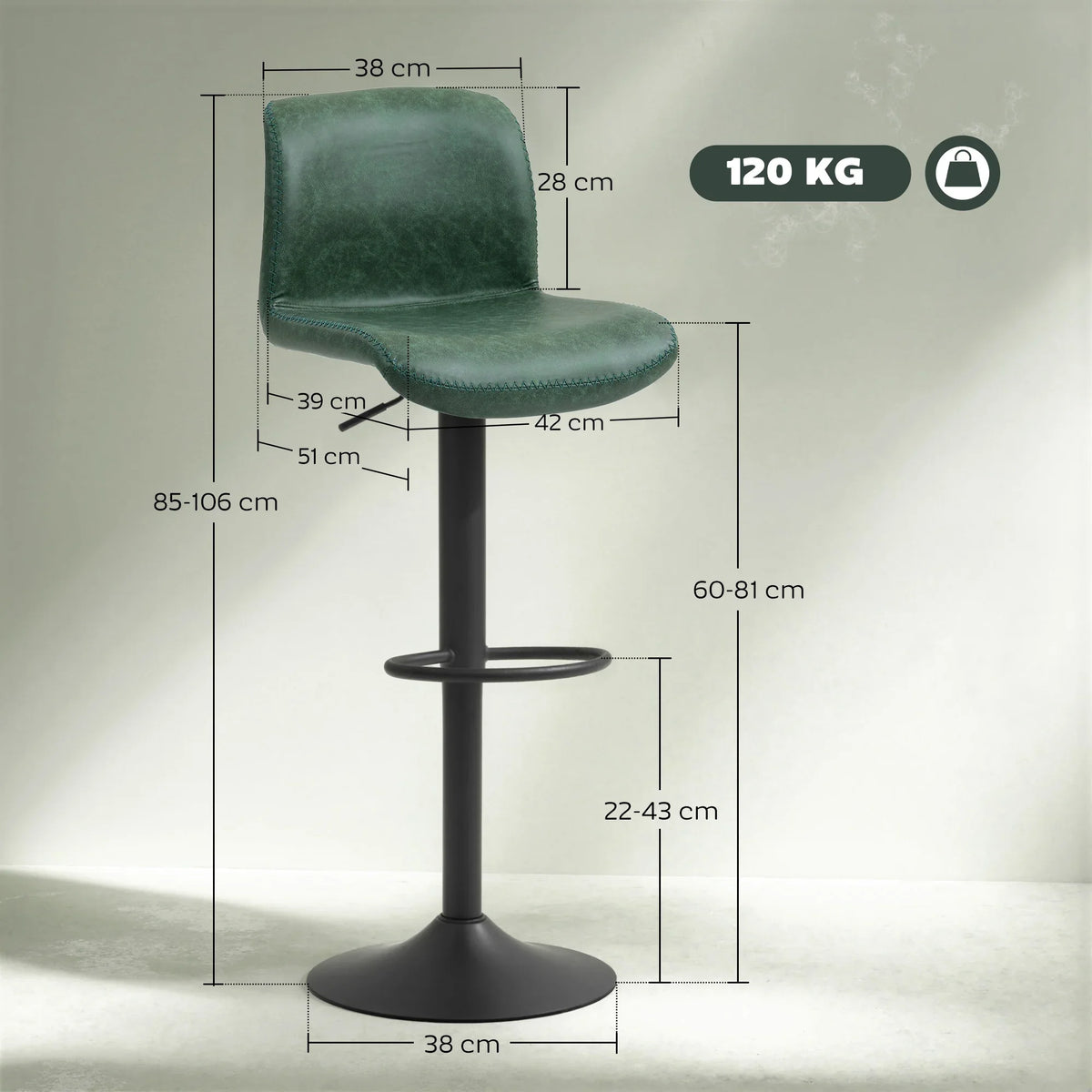 Green bar stool with adjustable height and circular footrest, shown with size dimensions
