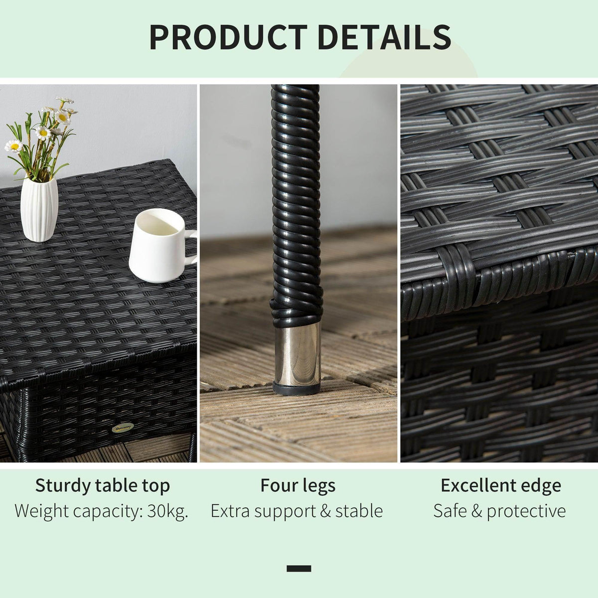 Black rattan side table details: woven top, metal feet, and drawer pull