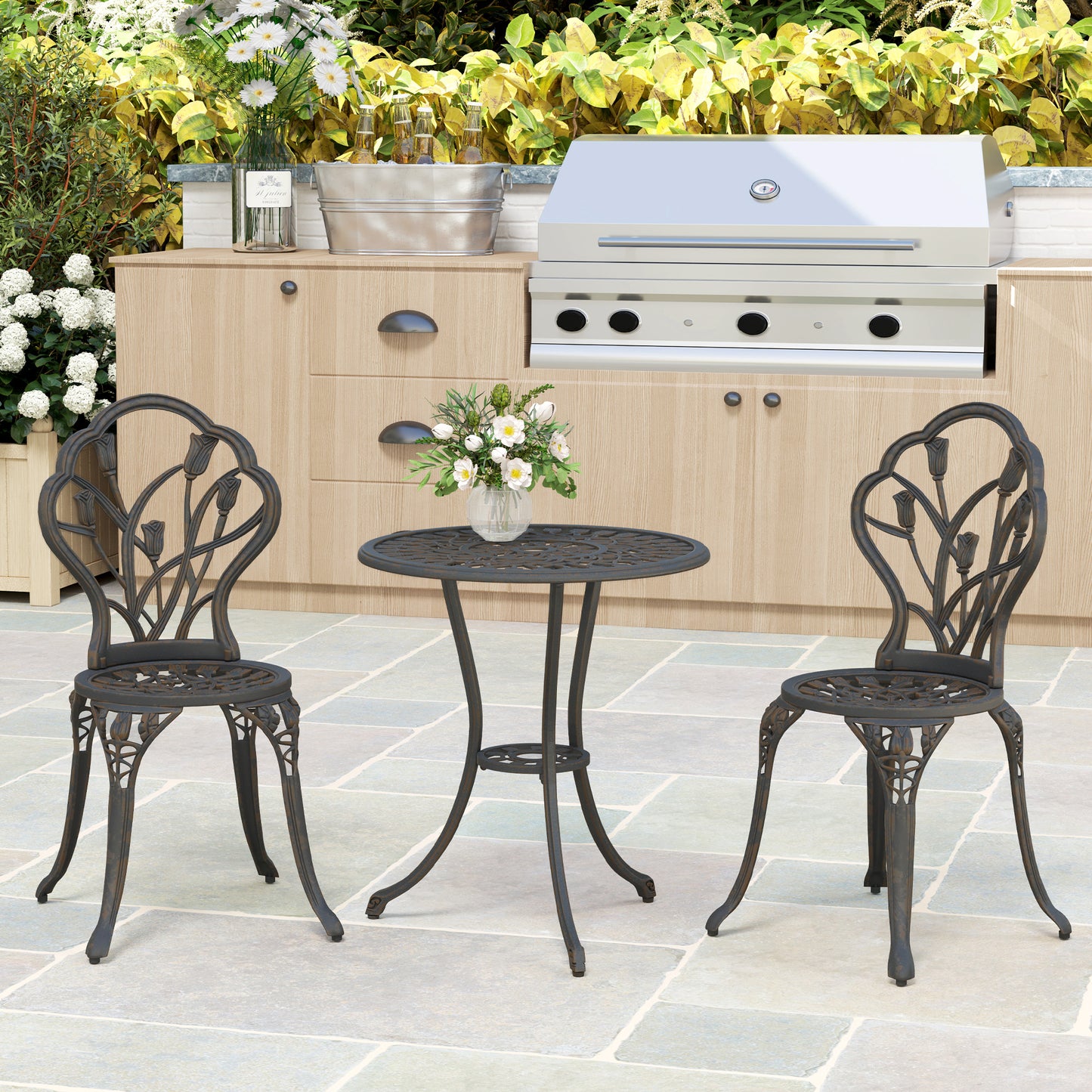 Outsunny 3 Piece Patio Bistro Set For 2 Outdoor Aluminum Garden Table And Chairs With Umbrella Hole Bronze Tone
