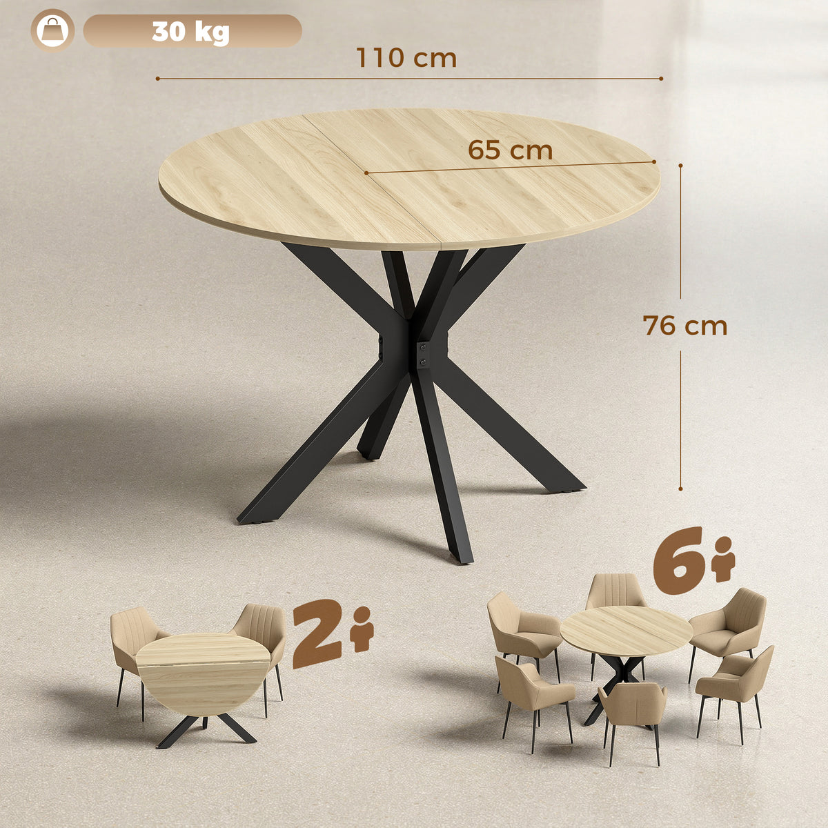 Light wood round dining table with black cross legs and size measurements