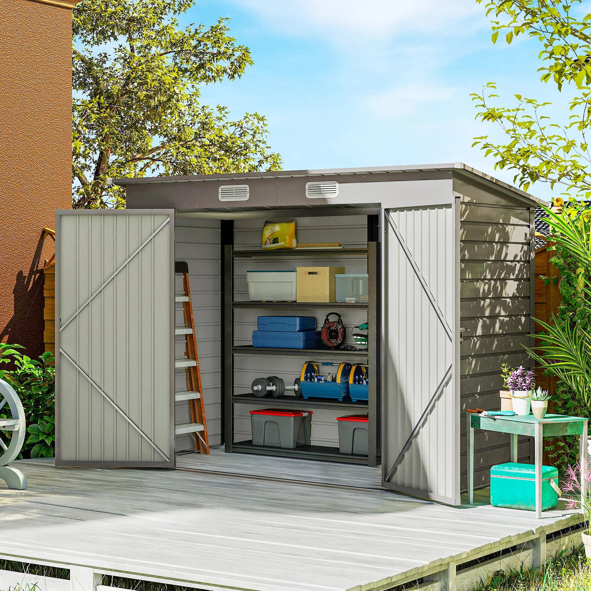 Light grey metal storage shed with open double doors and visible interior shelving