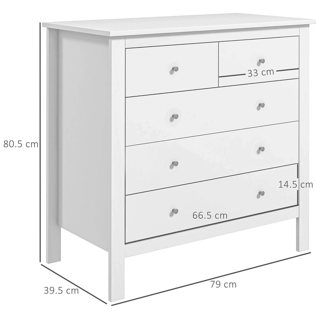 White 5-drawer chest of drawers, side view with drawer fronts and handles.
