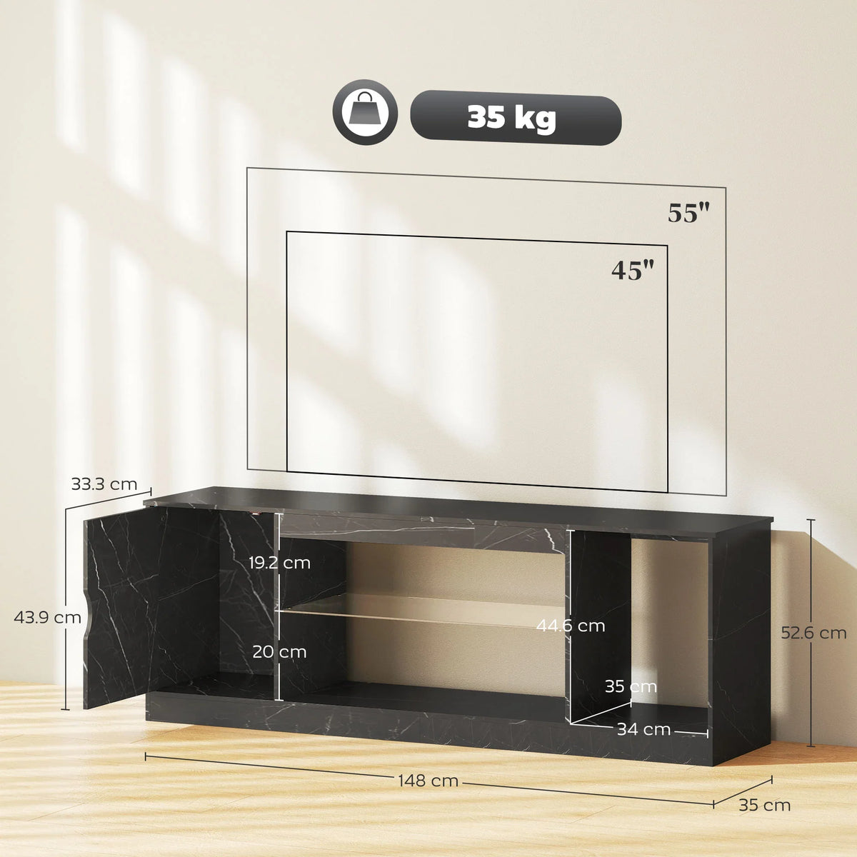 Black marble-effect TV stand cabinet with open shelves, fits up to 55 in TVs