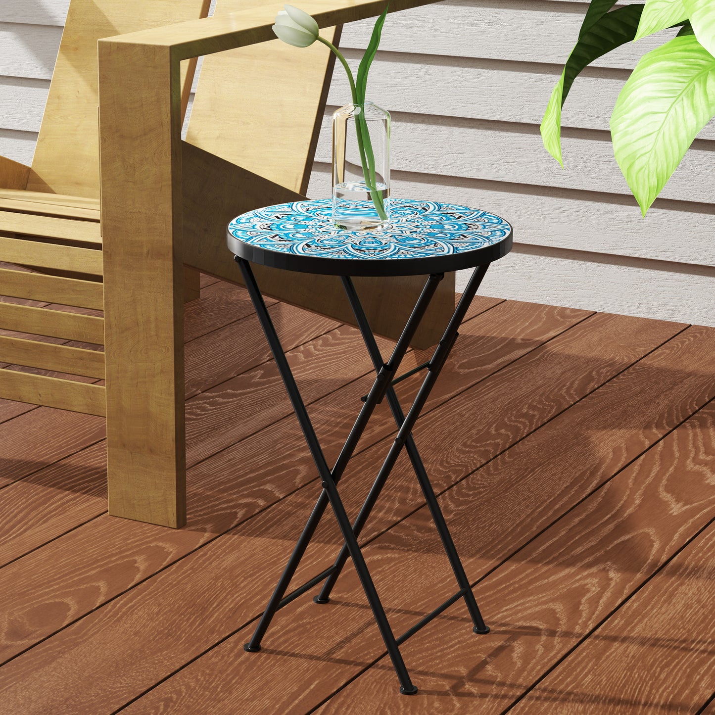 Outsunny Mosaic Outdoor Garden Table 35.5cm Round Folding Coffee Table With Metal Frame Blue For Balcony Terrace