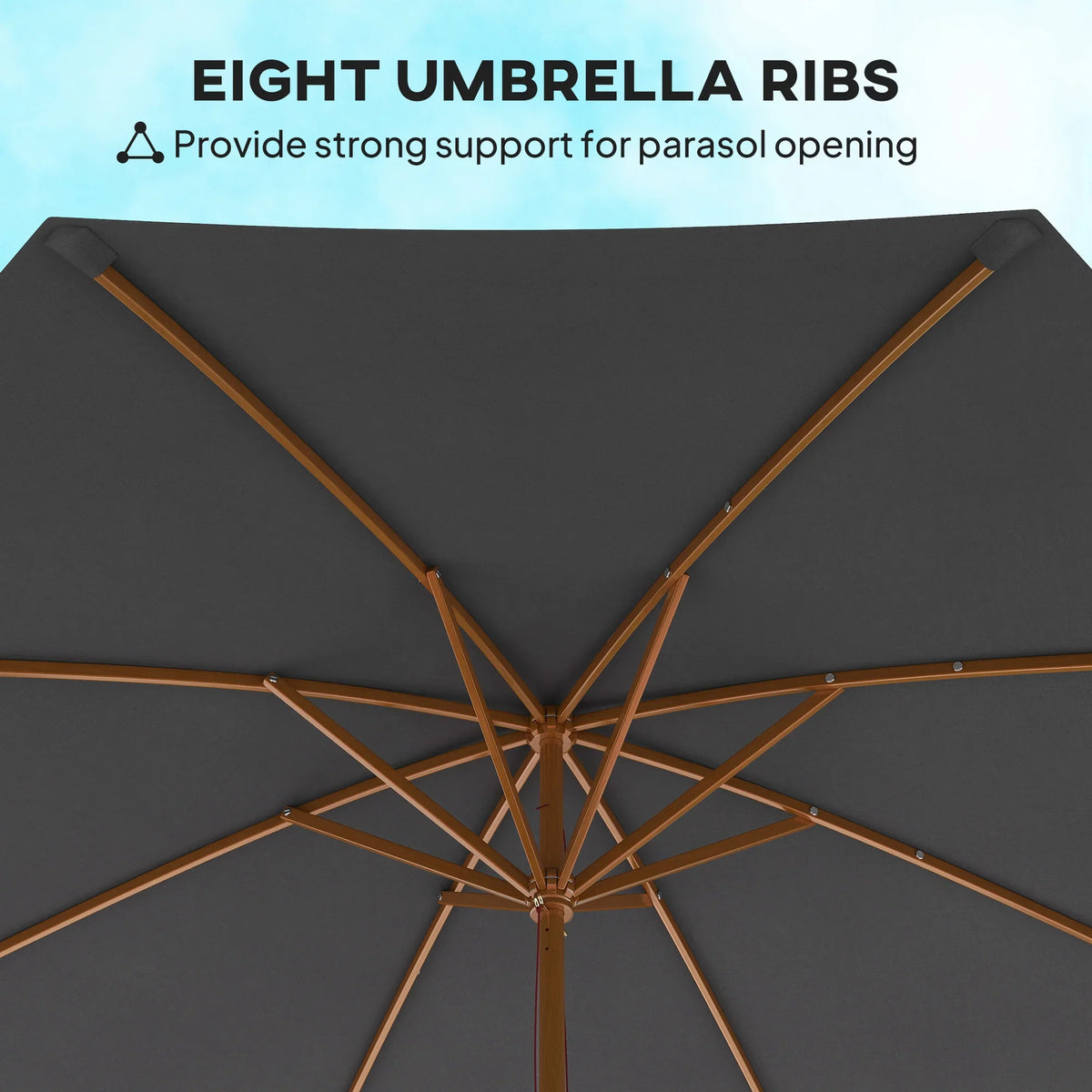 Grey parasol umbrella with eight-rib frame and wooden support pole