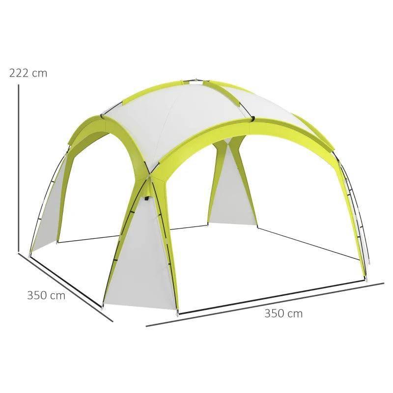 Lime-green and white camping gazebo dome with labeled dimensions at edges