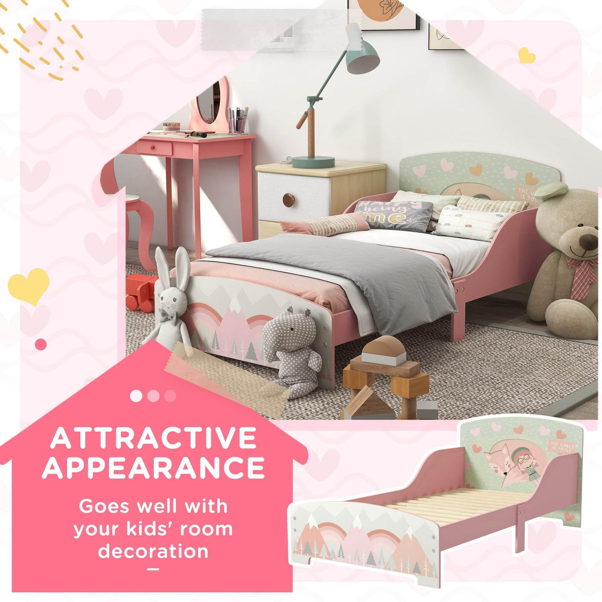 Pink toddler bed frame with low front rail and woodland animal print headboard and footboard.
