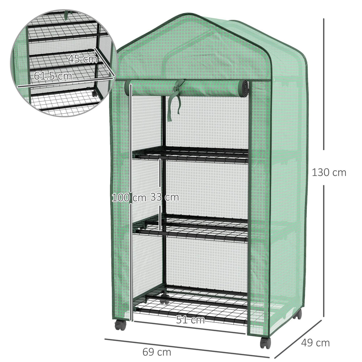 Green compact greenhouse with three wire shelves and clear PE cover, on wheels