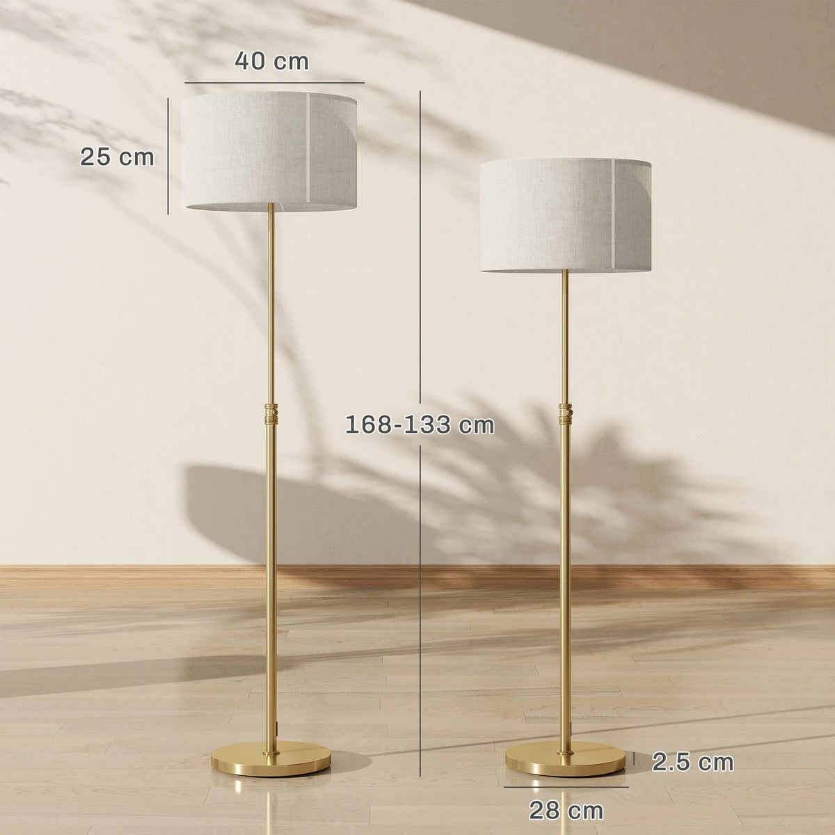 Gold adjustable floor lamp with rectangular linen shade and round weighted base