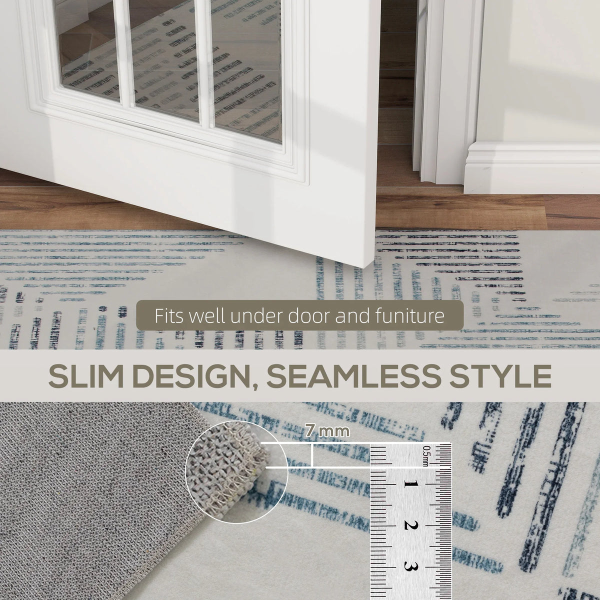 Slim geometric rug with light base and gray/blue lines; 7 mm shown