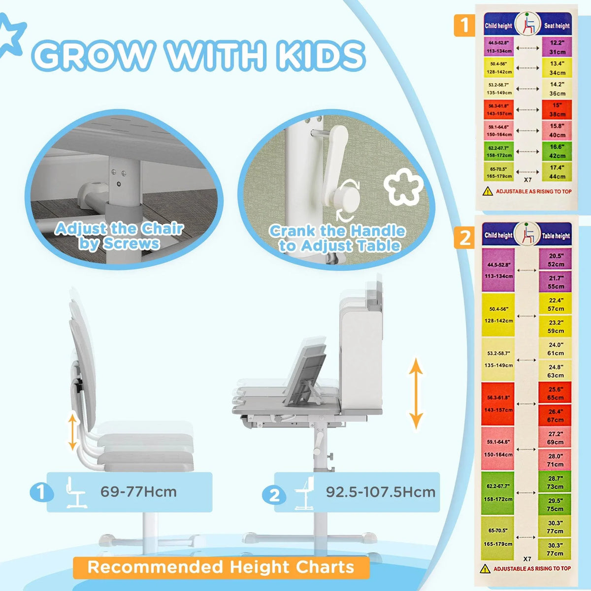 Kids adjustable study desk and chair set with height adjustment system