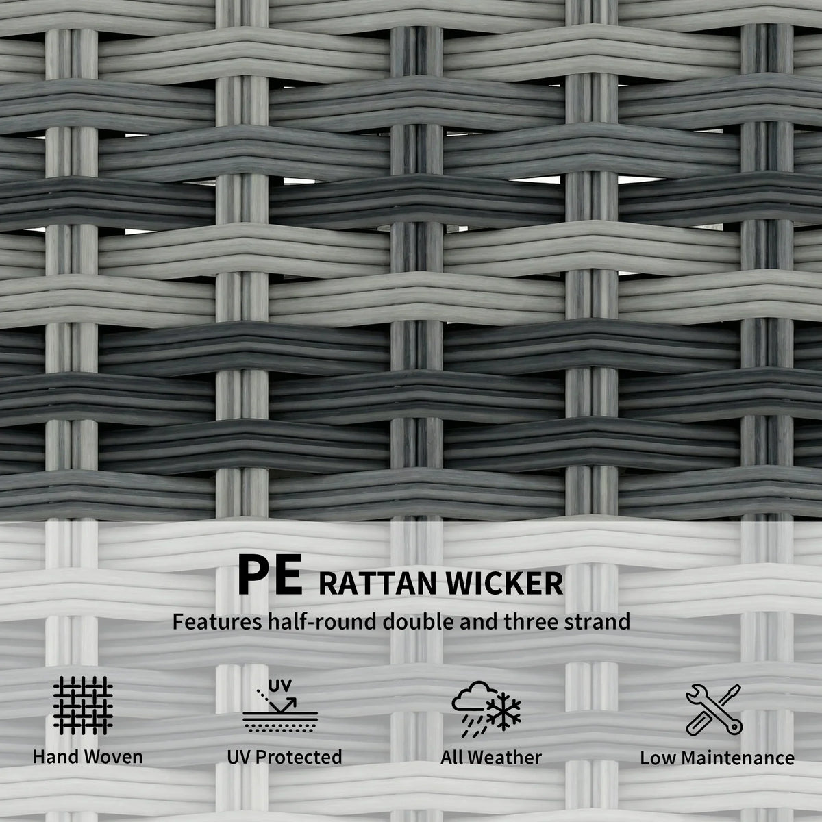 Gray PE rattan wicker weave panel, outdoor loveseat texture detail