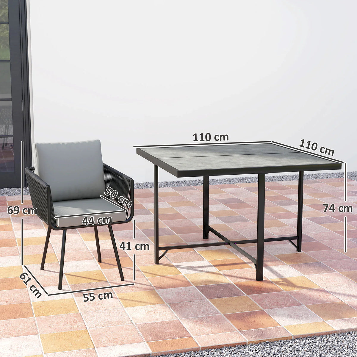 Light grey armchair and square outdoor dining table with size measurements