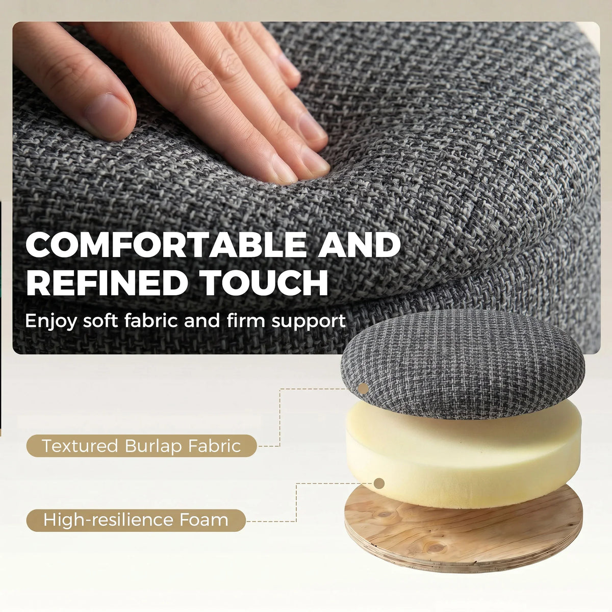 Dark grey textured fabric round ottoman with padded seat and light wood legs