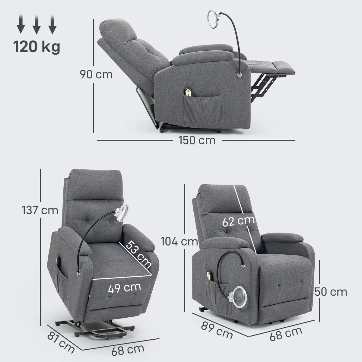 Grey lift recliner diagram with side and front views, showing dimensions and leg support