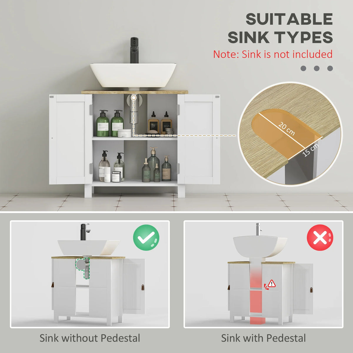 White under-basin cabinet with open storage compartments and adjustable shelf, doors closed