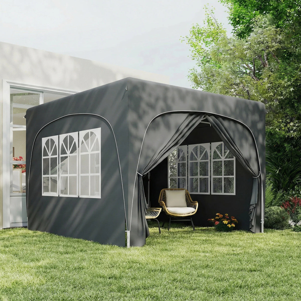 Dark grey pop-up gazebo shelter with front arch curtain and window panels