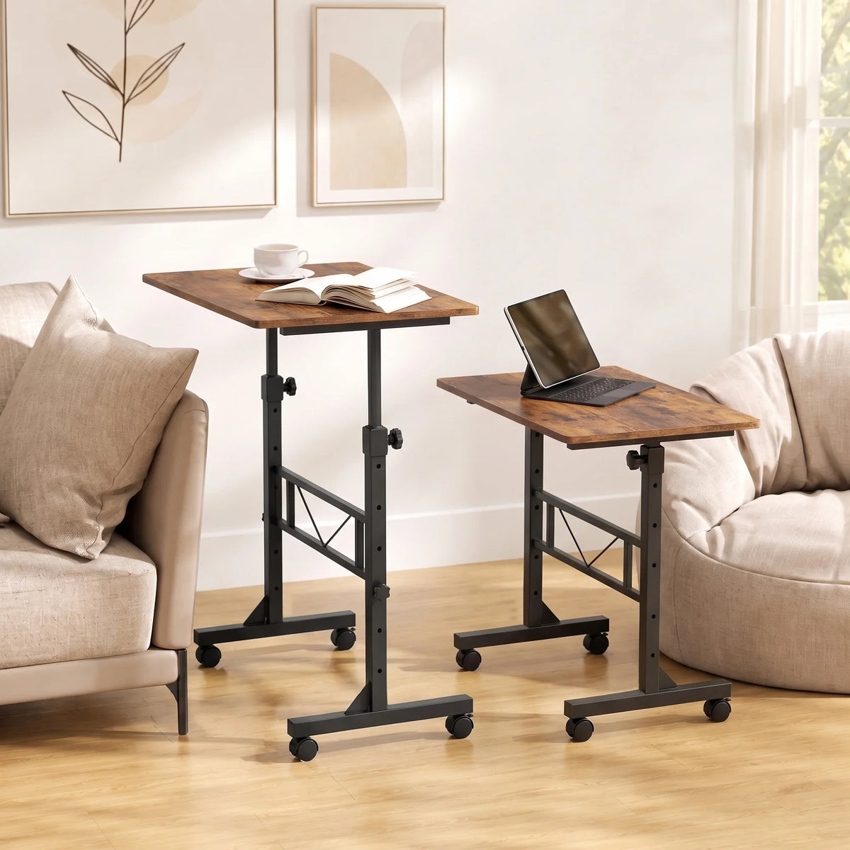 Height-adjustable overbed table with casters, wooden top, and black metal frame