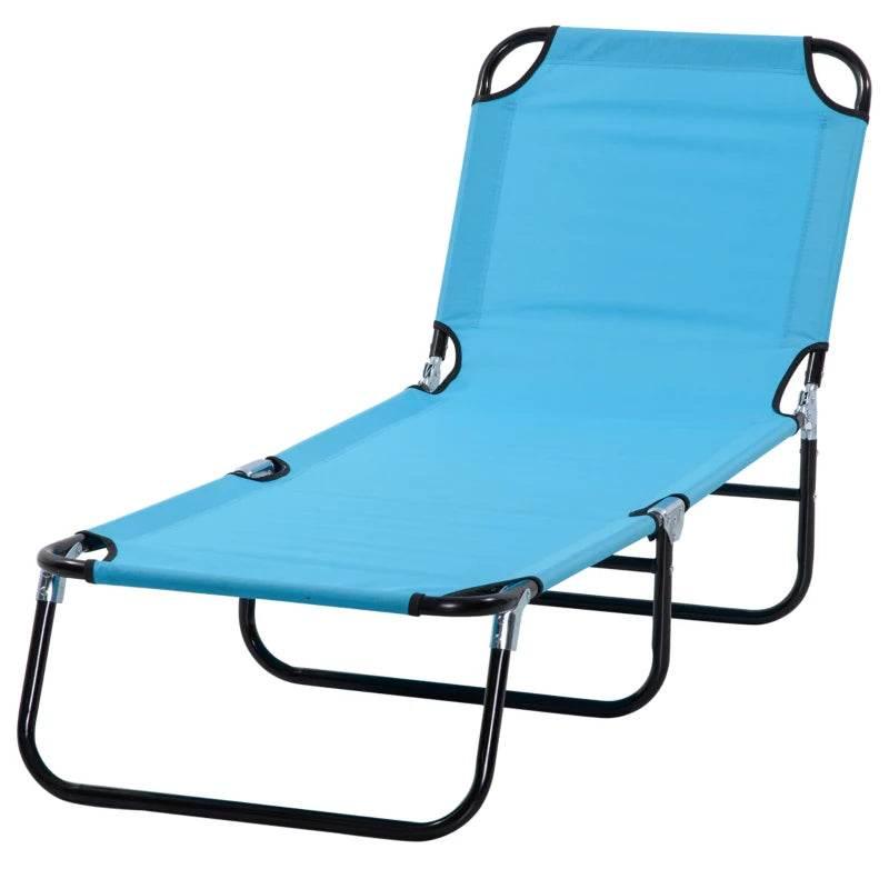 Light blue sun lounger with black metal legs and curved backrest handle loops