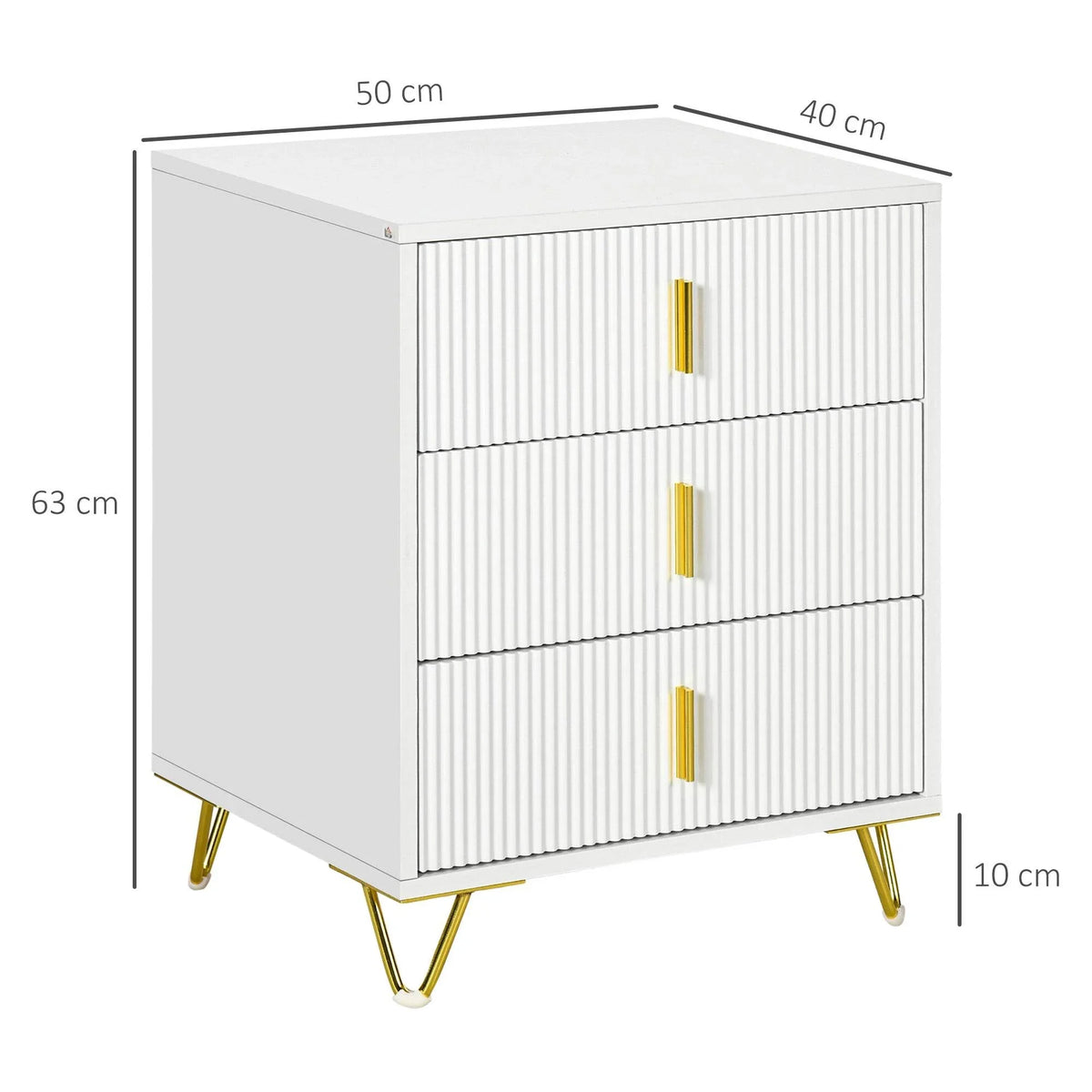 White three-drawer storage unit, front view with gold handles and size markings