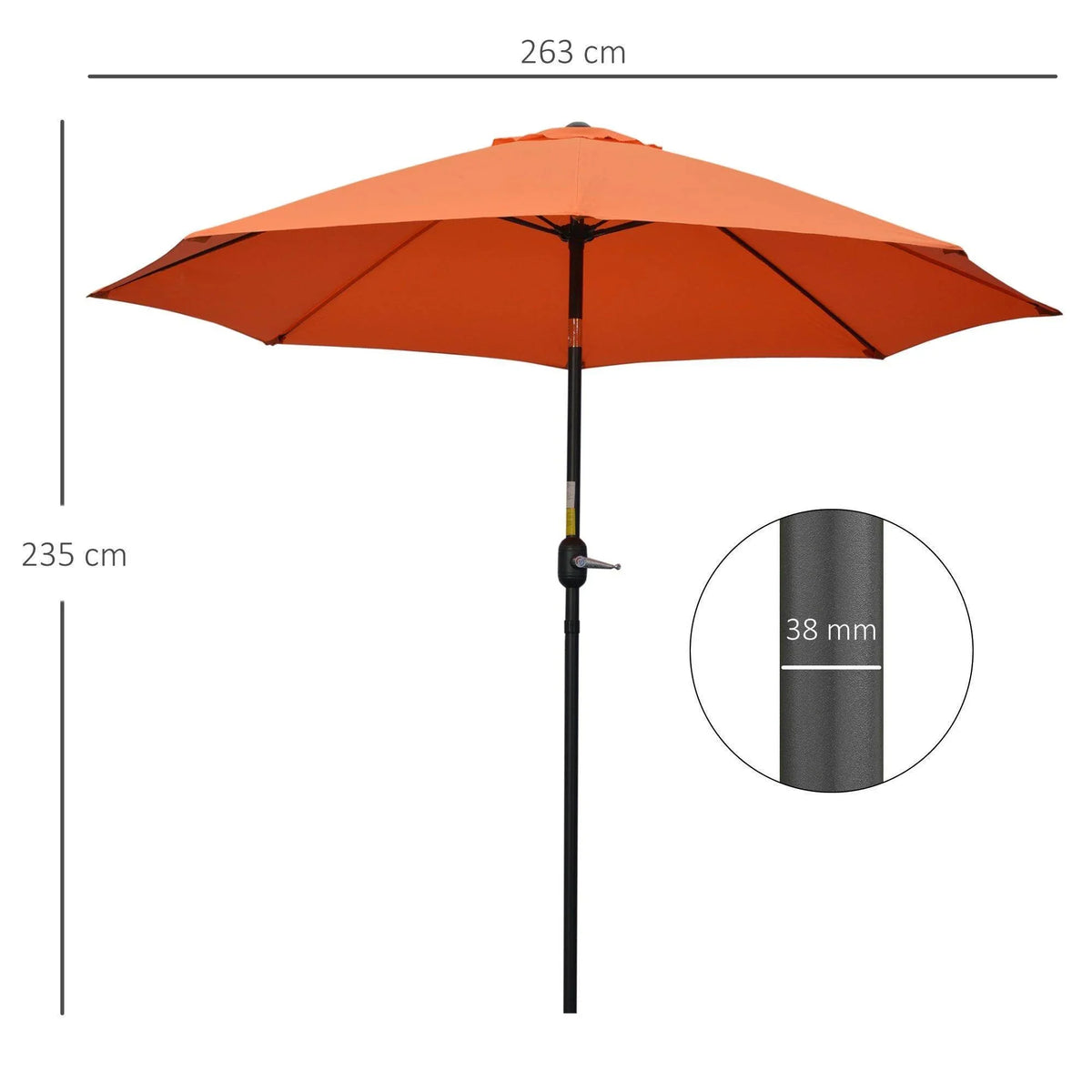 Orange patio umbrella canopy on black pole with size markers and 38 mm tube detail