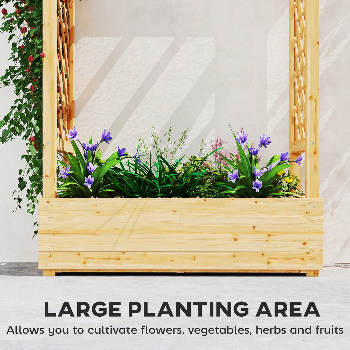 Wooden raised planter bed with flowering plants and trellis side supports
