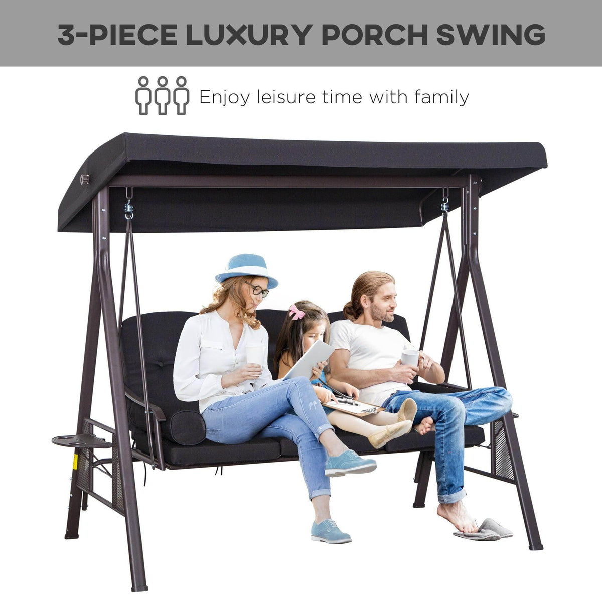 Black 3-seat porch swing bench with canopy and thick padded cushions