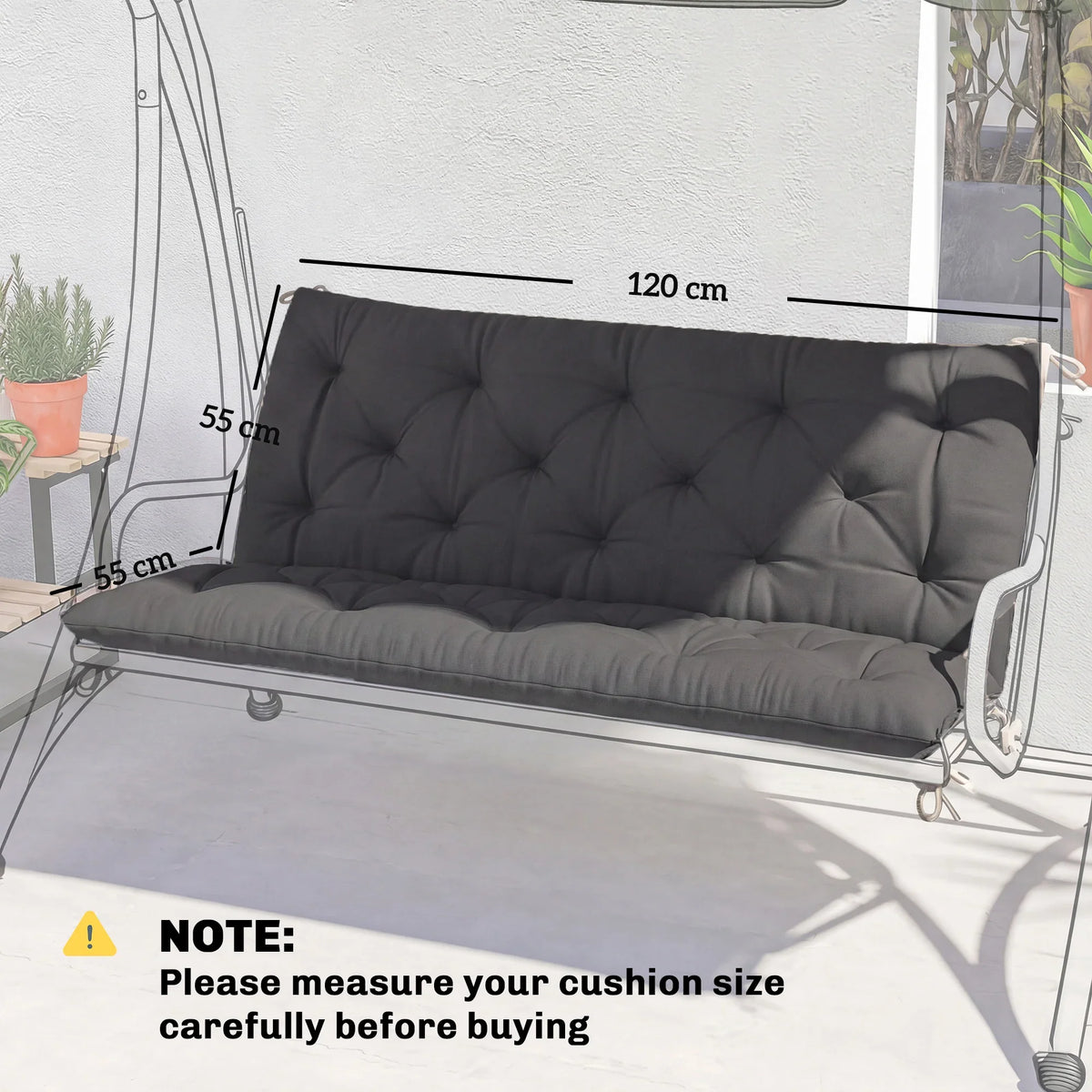 Tufted dark gray bench cushion with seat and back, bench swing size