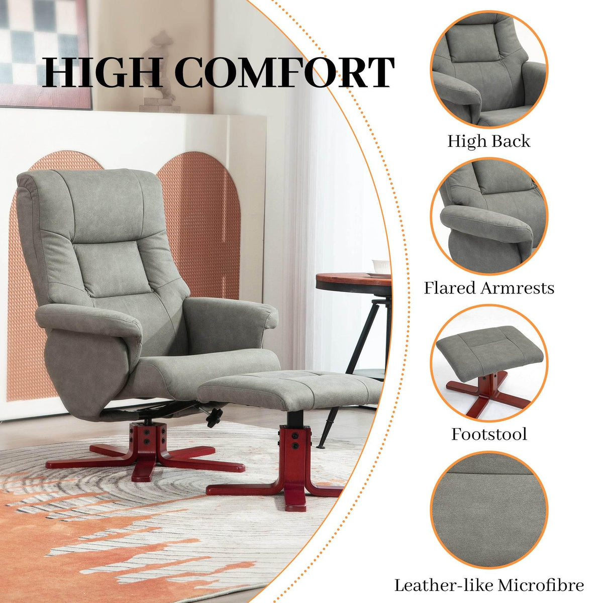 Grey recliner chair with footstool, leather-like microfibre upholstery, red base.