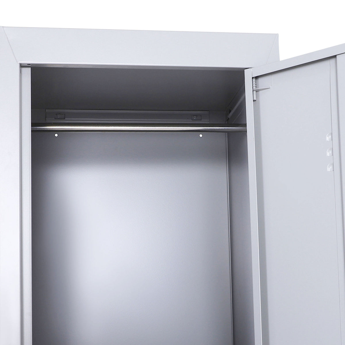 Grey steel locker cabinet interior with upper bar and empty storage space, doors open