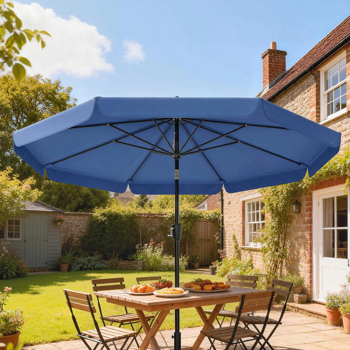 Dark blue patio garden parasol with crank handle and tilt canopy