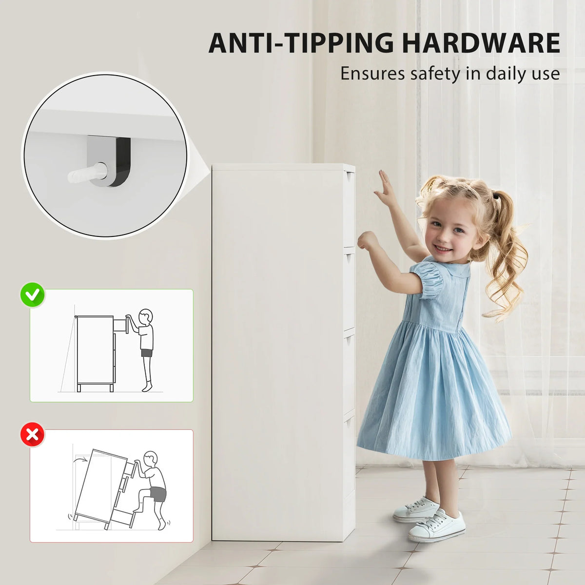 White freestanding cabinet with anti-tipping hardware bracket detail