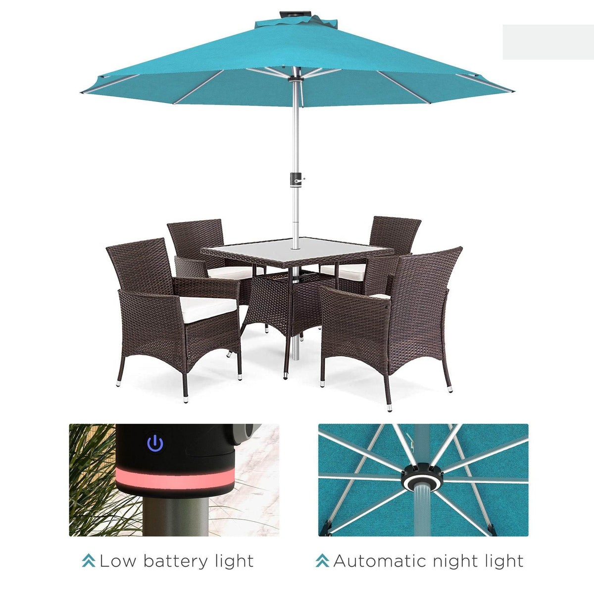 Teal patio umbrella with solar LED base showing low-battery and night-light modes