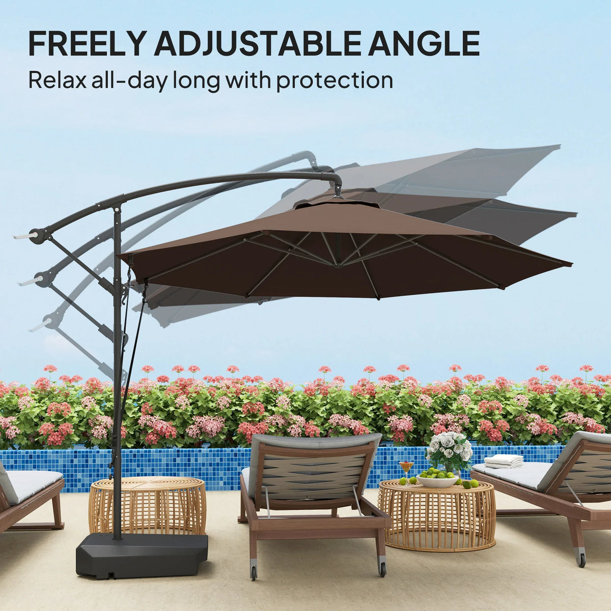 Brown cantilever parasol with freely adjustable angle for flexible shade