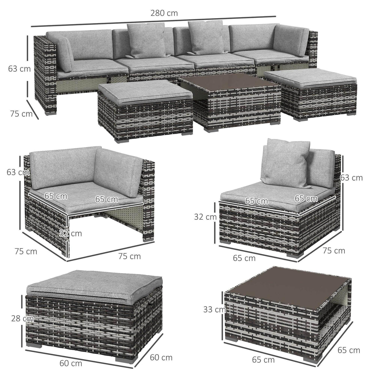 Grey rattan patio sectional with corner sofa, ottomans, and coffee table layout with dimensions