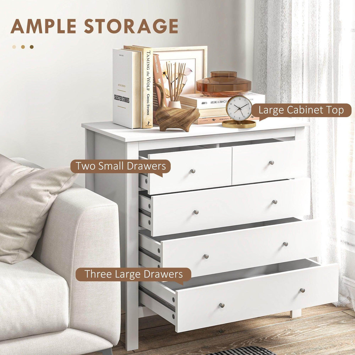 White 5-drawer chest with partially open drawers and metal knobs on fronts.