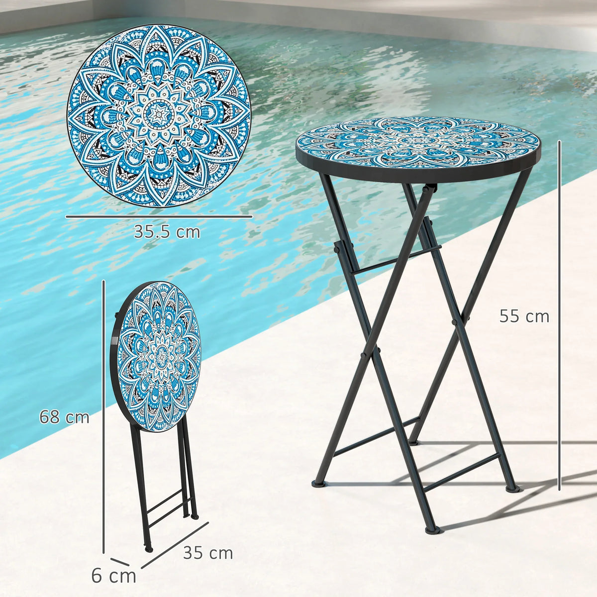 Blue round mosaic folding garden table with black metal X-legs; compact 35.5 cm top