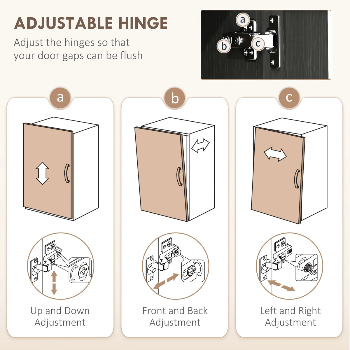 Black cabinet doors with adjustable hinge hardware for flexible door alignment