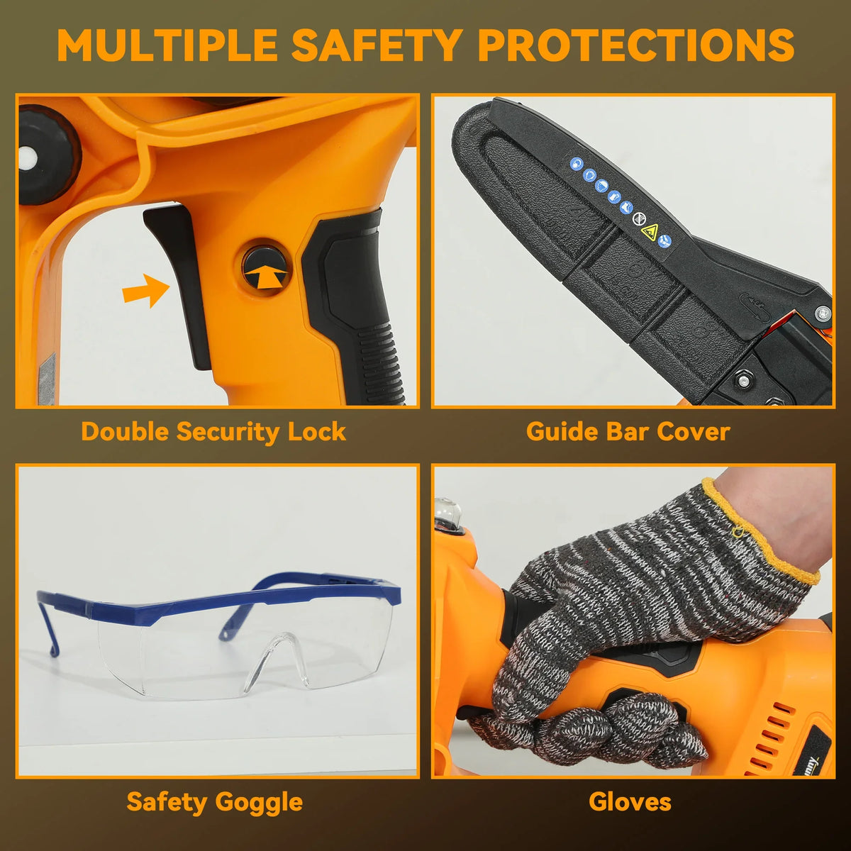 Cordless chainsaw safety lock and guide bar cover, orange and black body